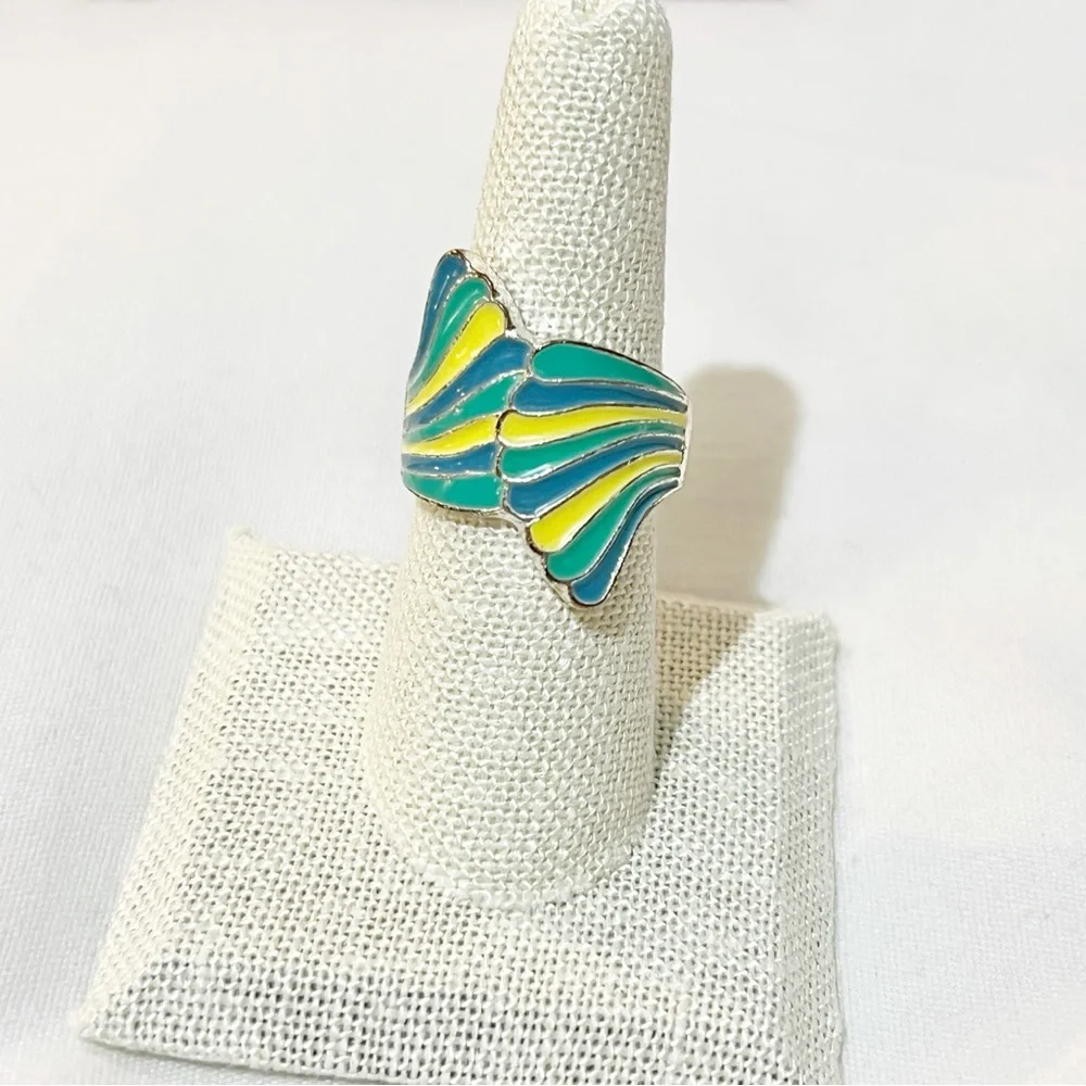 Mermaid Tail Enameled Ring Size 7 1/4 Colors of the Sea Teal Blue Yellow Summer